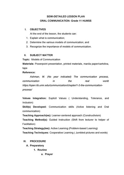 Models Of Communication Lp Semi Detailed Lesson Plan Oral Communication Grade 11 Humss I