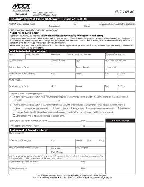 Md Mva Form Vr 217 Security Interest Filing Statement Forms Docs