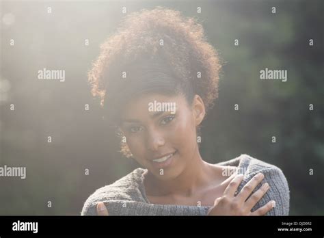 Gorgeous Smiling Brunette Standing In Sunlight Stock Photo Alamy