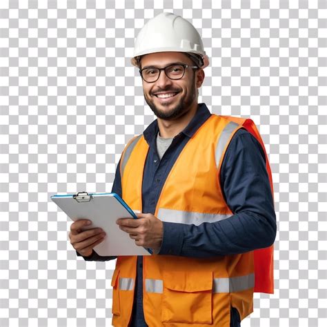 Un Ingeniero Sonriente Con Uniforme De Seguridad Y Sosteniendo Un