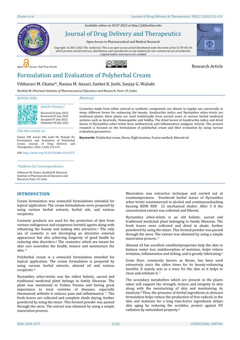 PDF Formulation And Evaluation Of Polyherbal Cream