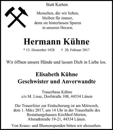 Traueranzeigen von Hermann Kühne Trauer in NRW de