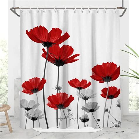 Red Poppy Floral Shower Curtain Watercolor Plants Flowers Leaves Shower