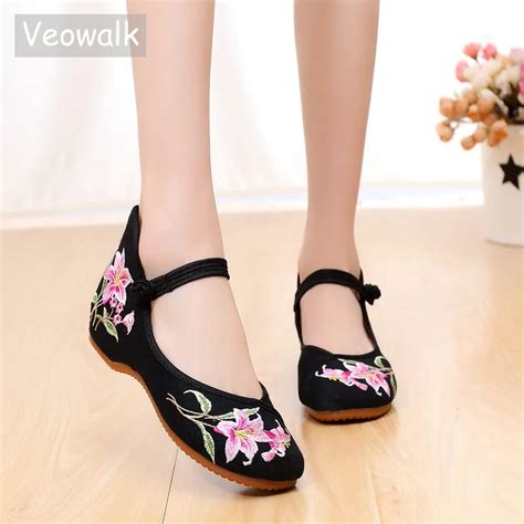 Veowalk Comfortable Fabric Women Canvas Ballet Flats Vintage Flower