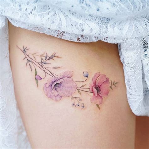 Watercolor Poppy Flowers Tattoo On The Thigh