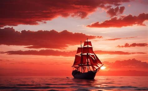 Premium AI Image | Sailing Ship Silhouette In Red Sunset On The Sea