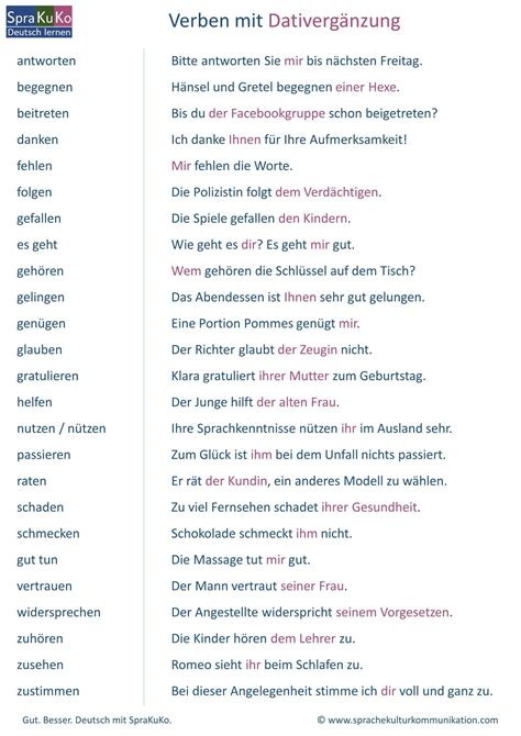 Verben Liste zum Deutschlernen mit Beispielsätzen