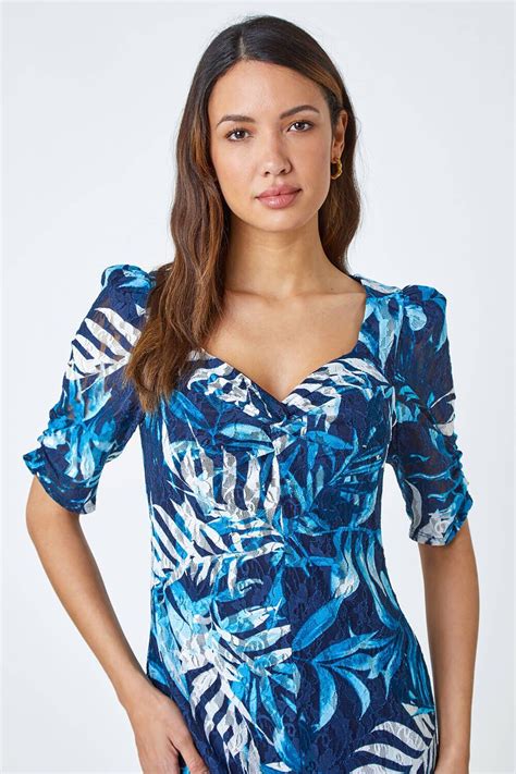 Roman Leaf Print Puff Sleeve Midi Dress In Navy 14 Female