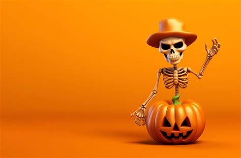 Premium AI Image Skeleton With A Pumpkin On An Orange Background