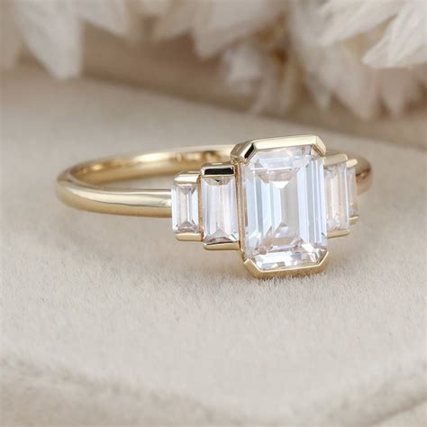 Unique Emerald Cut Moissanite Engagement Ring Yellow Gold Bezel Set Art Deco Bridal Promise