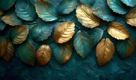 Premium Photo Metallic Gold And Green Leaves Textured Background