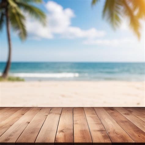 Premium Photo Wood Table Top And Blurred Summer Beach And Sky