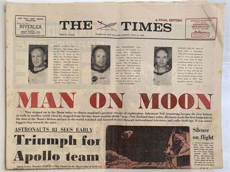 Old Newspaper The Waikato Times 21 July 1969 Moon Landing Special