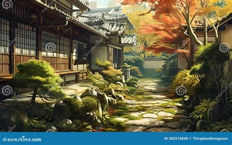 Japanese Garden , Anime Style Stock Illustration - Illustration of ...