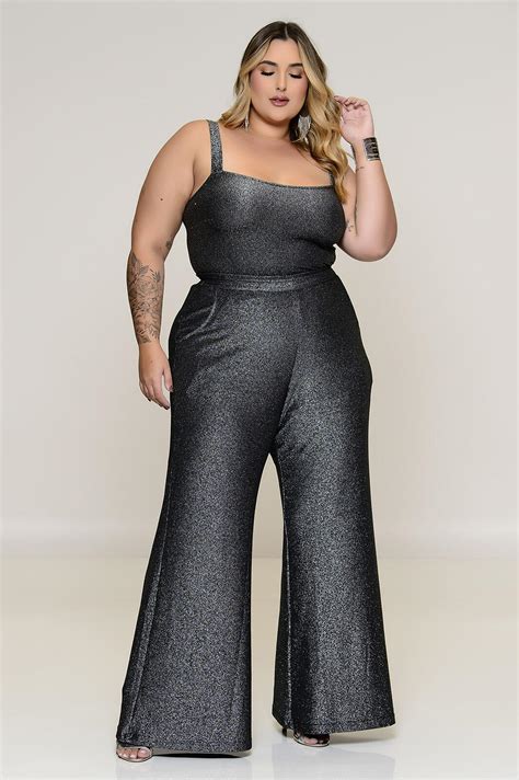 Conjunto Plus Size Cropped E Pantalona Em Lurex Vk Moda Plus Size