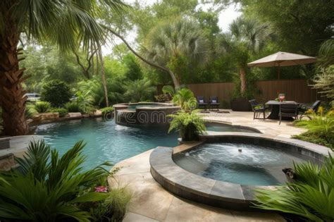 Dreamy Patio With Pool And Hot Tub Surrounded By Lush Greenery Stock