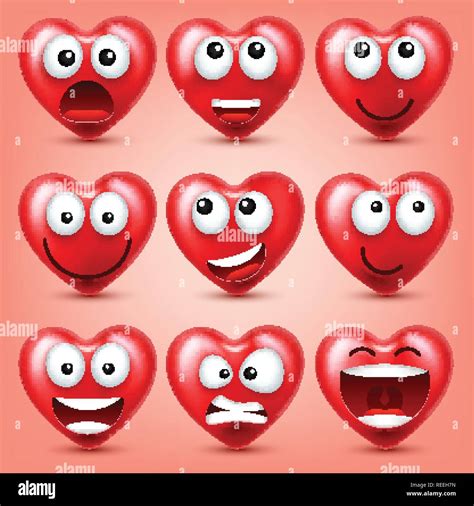 Heart Smiley Emoji Vector Set For Valentines Day Funny Red Face With