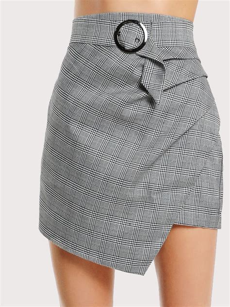 Asymmetric Hem Belted Plaid Skirt Shein Sheinside Skirt Fashion