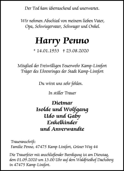 Traueranzeigen Von Harry Penno Trauer In Nrw De