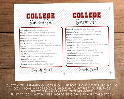 Editable College Survival Kit Printable Congratulations New Etsy