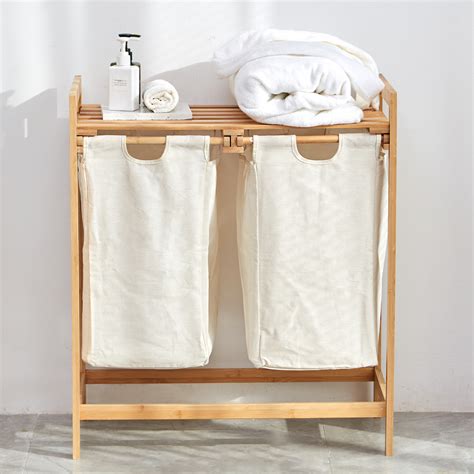 Panier A Linge Sale Sur Pied En Bambou Paniere Compartiment De