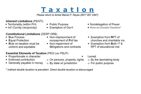 Basic Principles Of Taxation Notes T A X A T I O N Please Return To