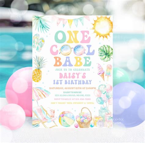 Editable One Cool Babe St Birthday Party Invitation Tropical Summer