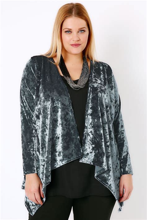 Blue Grey Crushed Velvet Waterfall Cardigan Plus Size Cardigans Clothes Maxi Cardigan