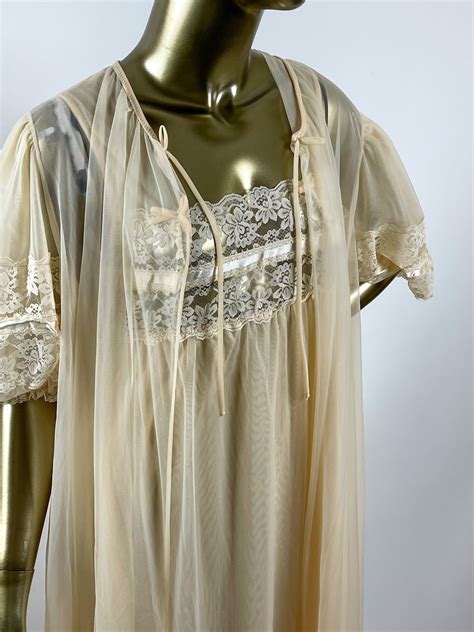 S Vintage Peignoir Set By Tosca Lingerie L Matching Nylon Lace Nightgown Robe L Puff