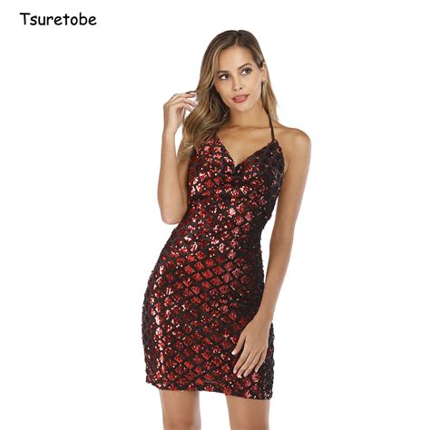 Tsuretobe Sexy Sequin Spaghetti Strap Mini Dress Backless Women Bodycon Party Club Dress