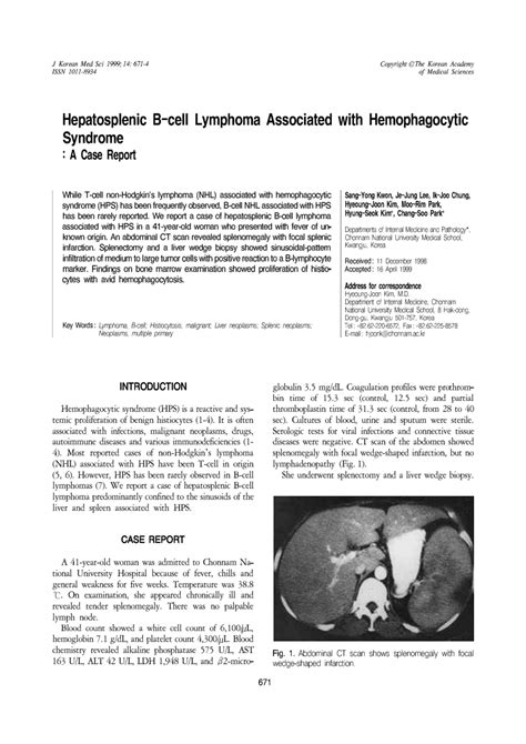 PDF Hepatosplenic B Cell Lymphoma Associated With Hemophagocytic