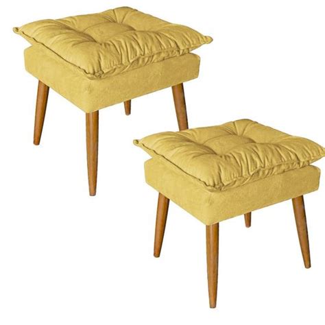 Kit 02 Puff Puf Banqueta Opala Para Quarto Sala Recepção Suede Amarelo