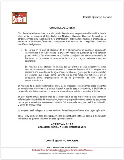 SUTERM NACIONAL On Twitter Comunicado 13 De Marzo