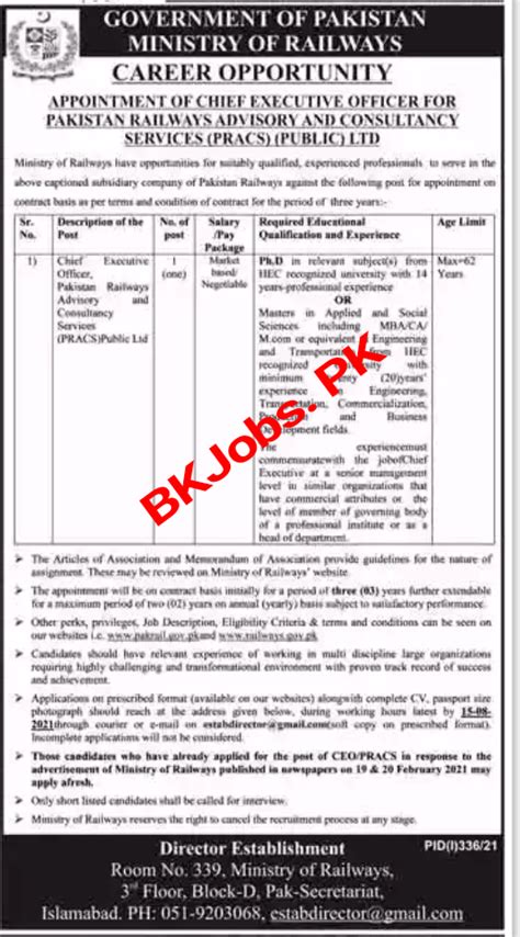 Ministry Of Railways Islamabad Jobs For Ceo Latest Bk Jobs