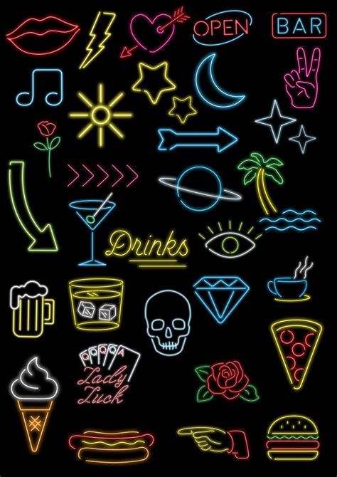 Neon Signs And Symbols On A Black Background