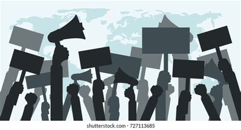 Protester Crowd Silhouettes People Banner Loudspeaker Stock Vector