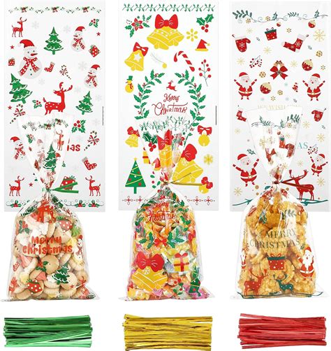 100pcs Christmas Cellophane Bags Xmas Party Treat Bag Christmas Cello