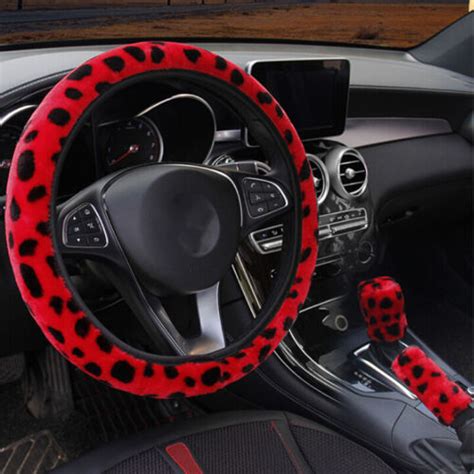 Pcs Set Red Leopard Fluff Plush Steering Wheel Cover Winter Car