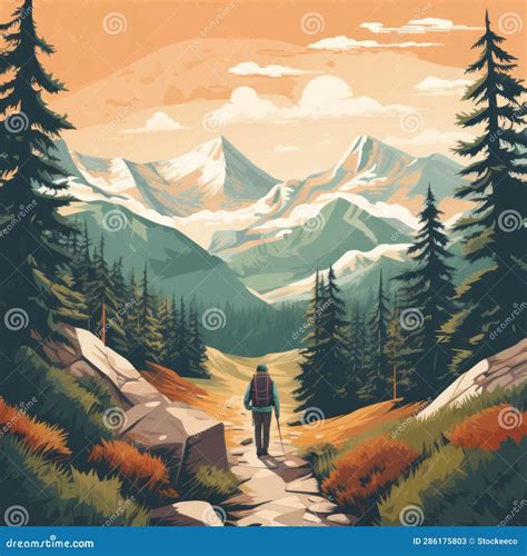 Camping Illustration Hiking In The Woods With Mountains Stock