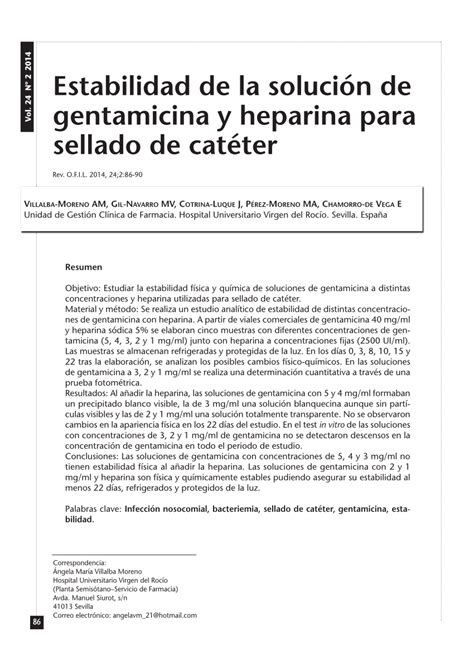 Pdf Stability Of Gentamicin And Heparin Solution For Catheter Locks