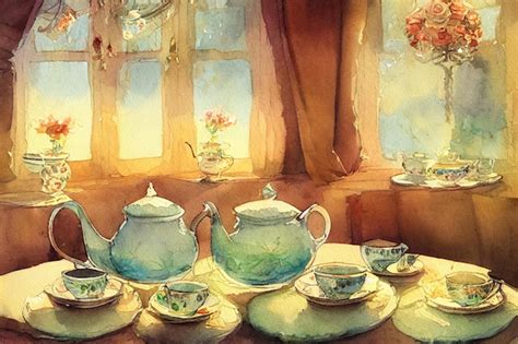 Premium Photo A Painting Of Teapots And Cups On A Table