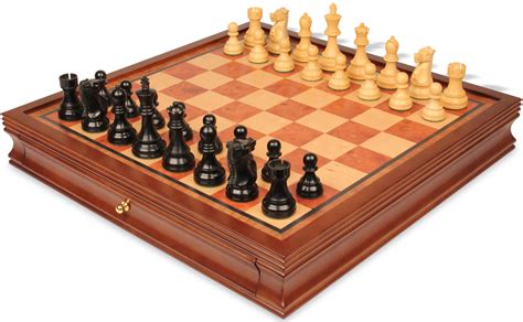 Fischer Spassky Commemorative Chess Set Ebonized And Boxwood Pieces With Elm Burl And Bird S Eye