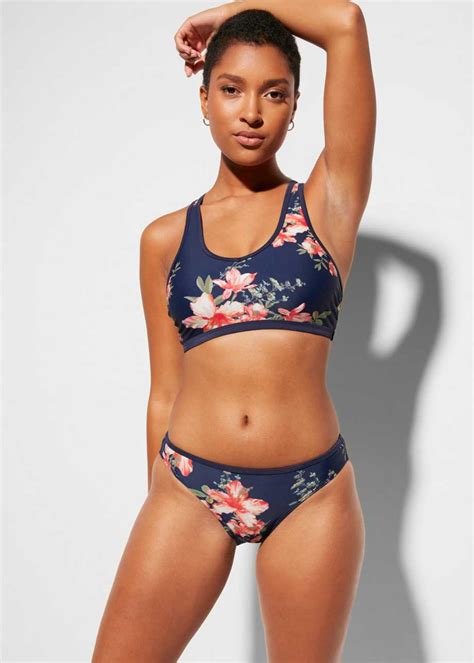 Sch Ner Bikini Mit Blumen Print Aus Nachhaltiger Badeware Dunkelblau