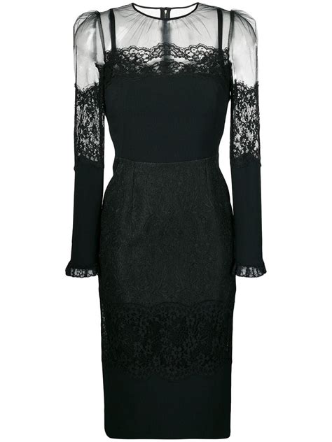 Vestido Midi De Renda Preto Dolce And Gabbana Com Decote Arredondado Fecho Colchete Fechamento