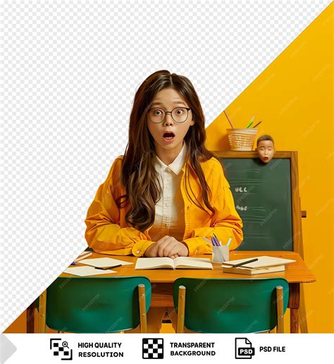 Young teacher wearing glasses surprises and confuses students while