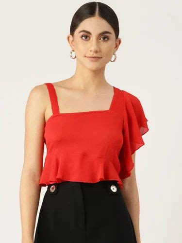 Red One Shoulder Ruffles Crepe Crop Top At Rs 399 00 Gurgaon Id