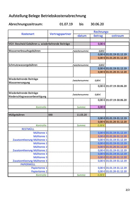 Excel Vorlage Betriebskostenabrechnung Nebenkostenabrechnung