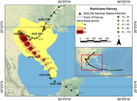 Map Indicating The Best Track Of Hurricane Harvey And The Locations Of