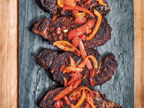 Grilled Rib Eyes With Peperonata Recipe Michael Symon Food Network