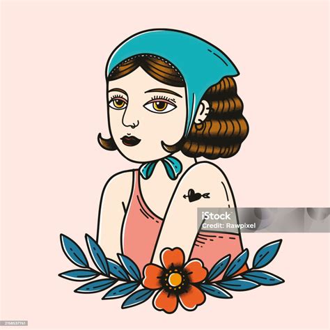 Beautiful Retro Pin Up Girl Tattoo Illustration With Pastel Background